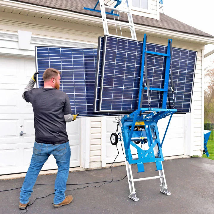 Solar panels being loaded to a hoist for safer faster material handling.